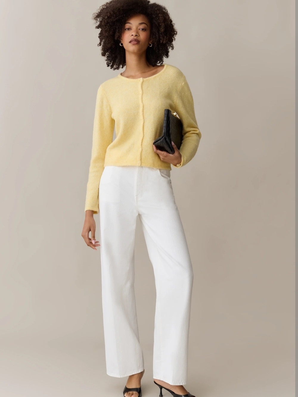 Soft Yellow Women's Crewneck Cardigan Sweater